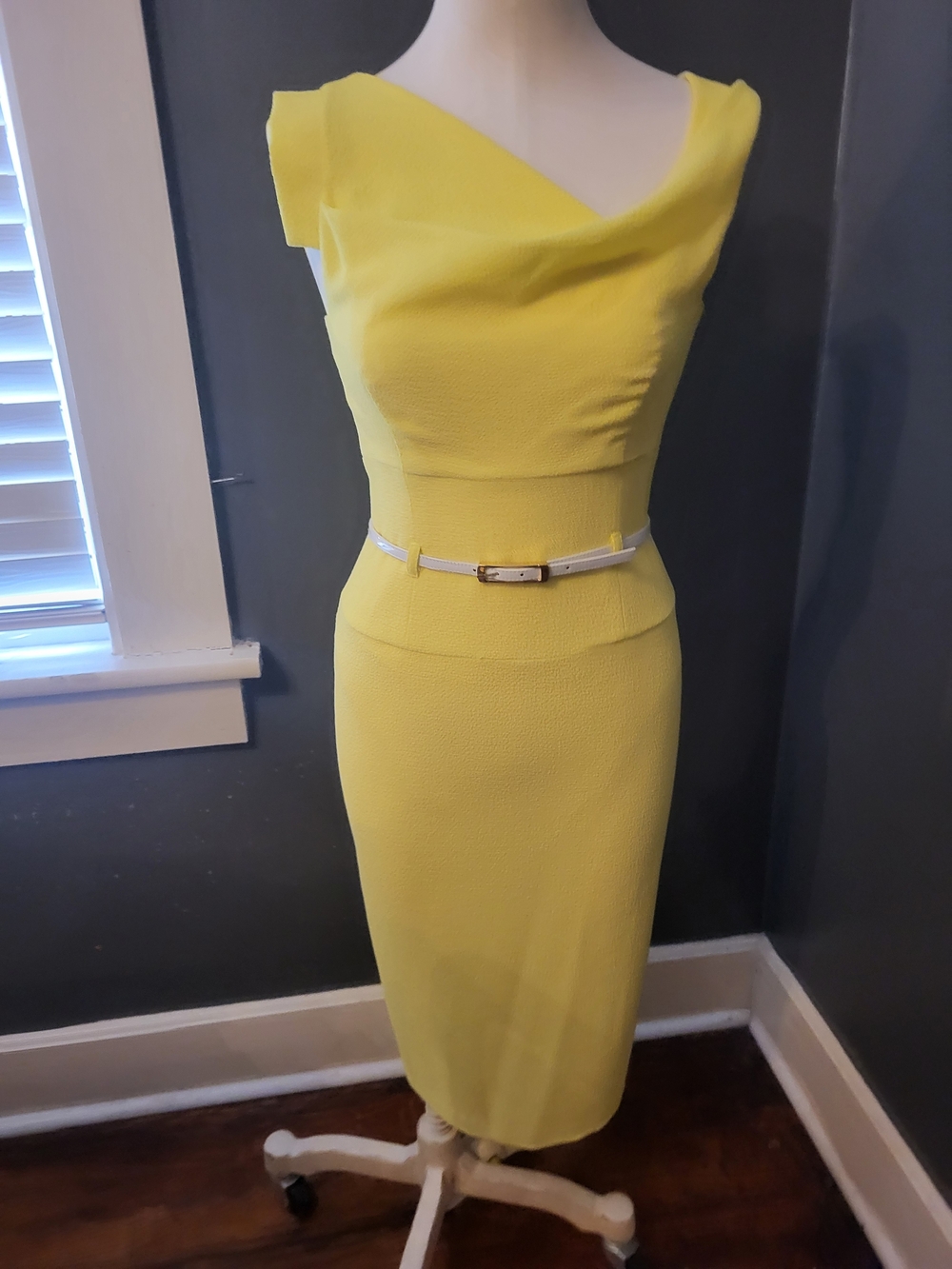 Black Halo Lemon Yellow Cowl Neck Midi Dress with Slim Belt